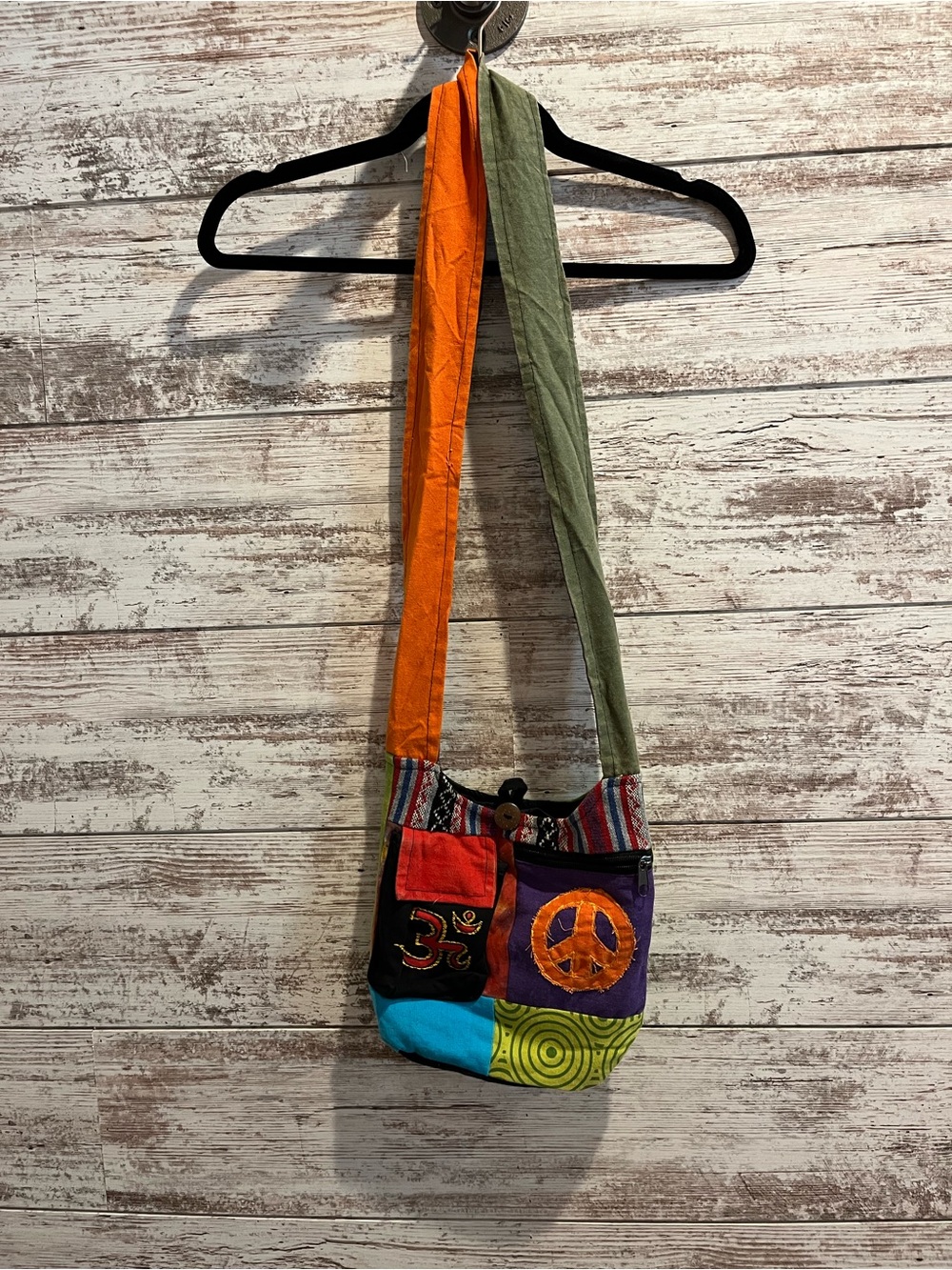 Colorful Patchwork Crossbody Bag - Green & Orange Strap